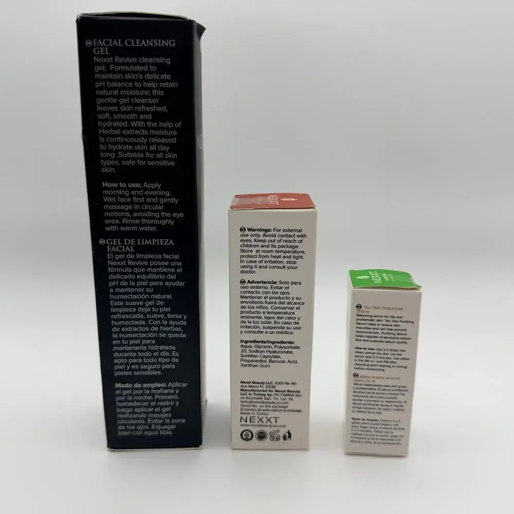 NEXXT Beauty 3 Piece Skincare Set Cleanser Hyaluronic Acid Tea Tree Serums